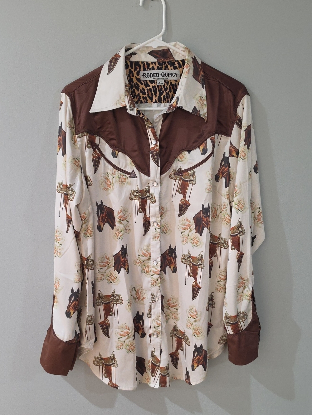 Cream Horse-Print Button Down Shirt with Leopard Trim - Picture 4 of 8